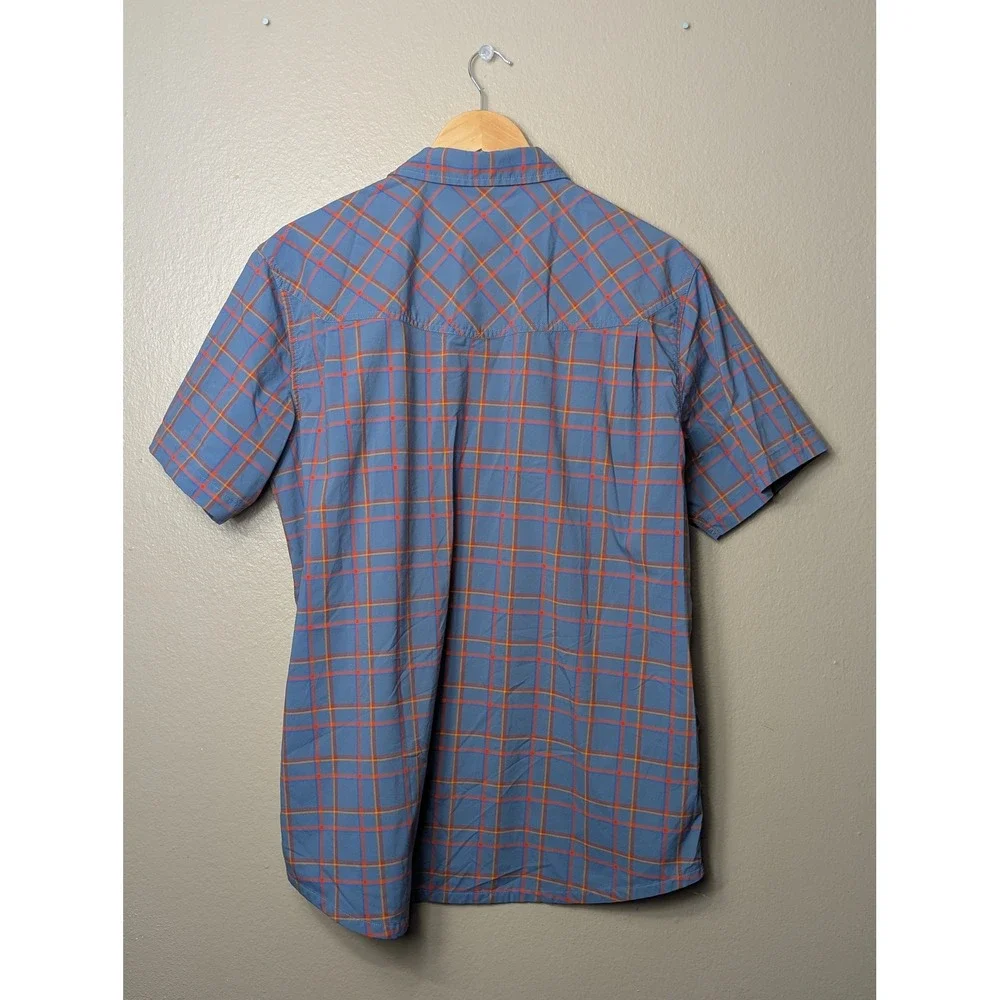 Stio Pearl Snap Shirt Mens Large Blue Orange Plaid Short Sleeve Hiking #2338